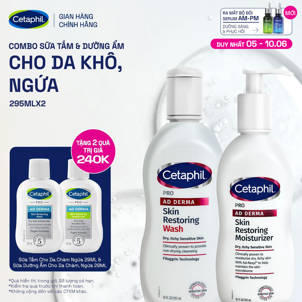 Combo Sữa tắm và Kem dưỡng ẩm dành cho da khô, ngứa Cetaphil Pro AD Derma Wash 295ml + Cetaphil Pro AD Derma Moisturizer 295ml
