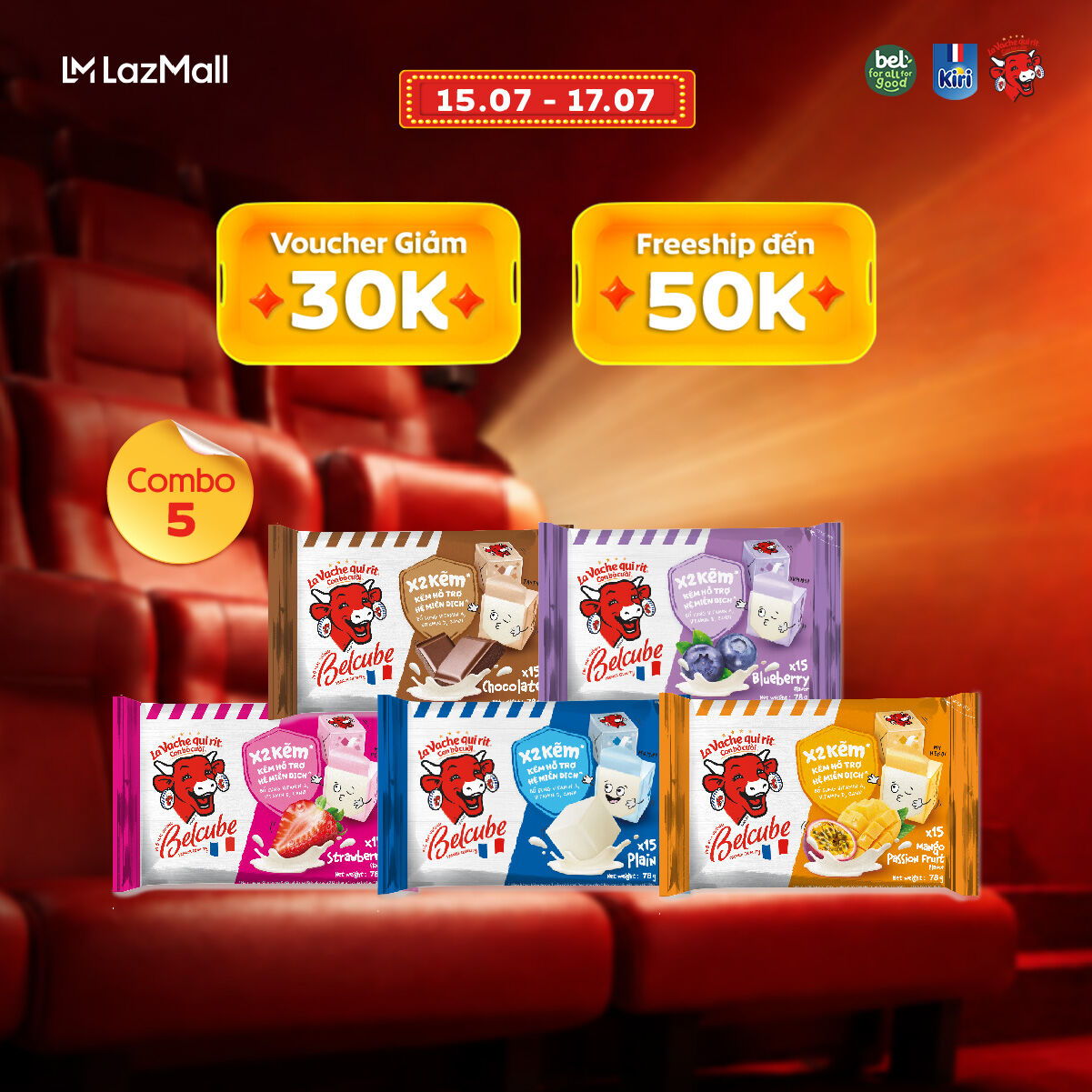 Combo 5 Phô mai vuông Belcube 15C gồm Sữa + Dâu + Việt Quất + Socola + Xoài chanh dây