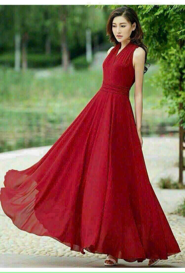 Đầm maxi cổ V sát nách đai eo xếp li