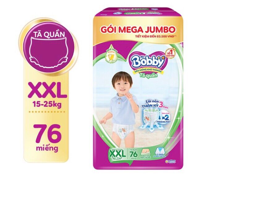 Tã quần bobby size XXL76 miếng tặng thêm 8 miếng