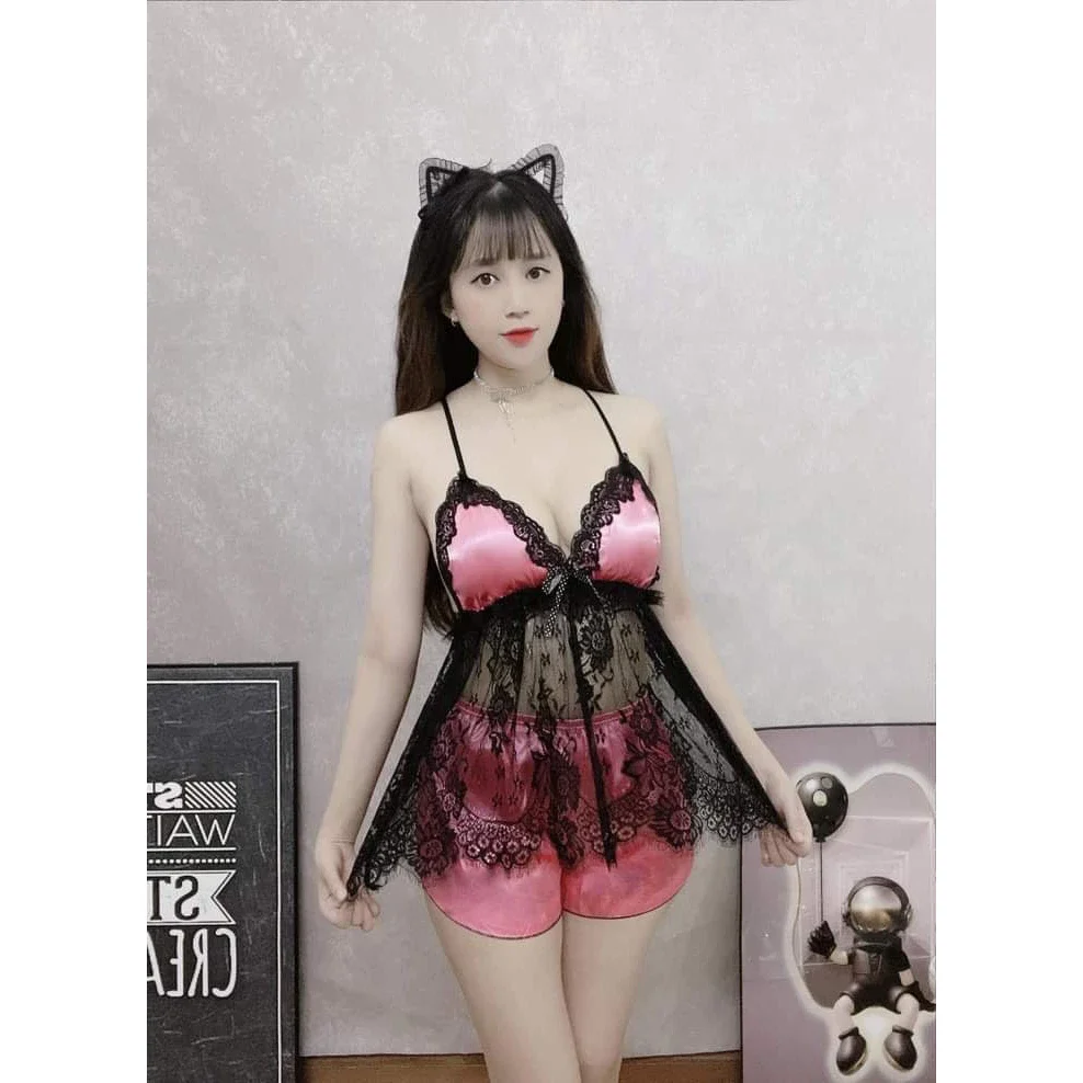 Đồ bộ hai dây mặc nhà sexy chất phi phối ren - M59
