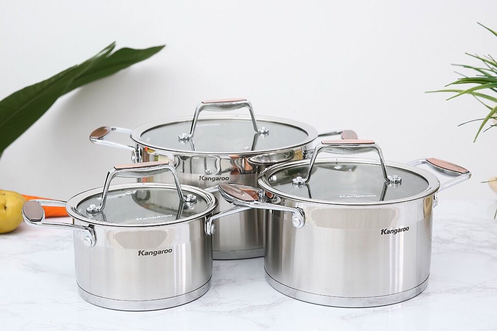 Bộ 3 nồi inox 5 đáy nắp kính kangaroo kg3cs2