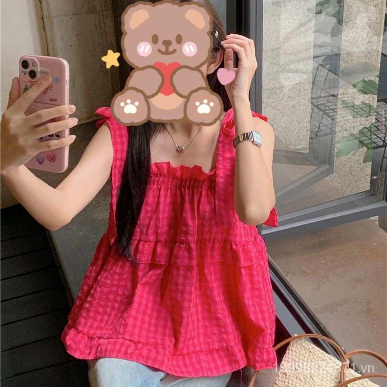 Áo Hai Dây Sọc Caro Cột Dây Bèo Tiểu Thư