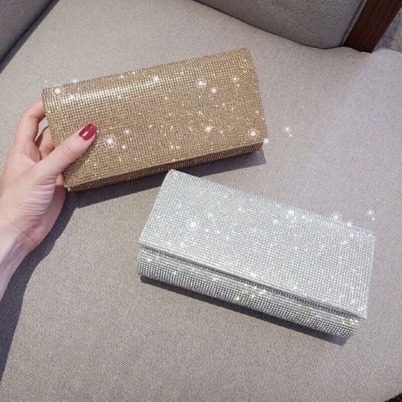 Ví cầm tay đính đá trơn basic cao cấp size trung mini