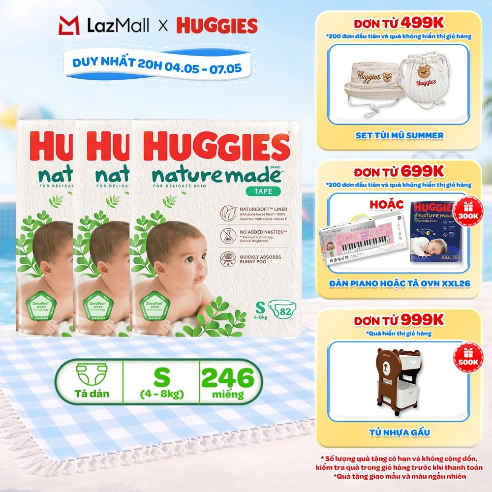 Combo 3 Tã/Bỉm dán sơ sinh Huggies NatureMade S82 (4-8kg)-Gói Super Jumbo 82 miếng