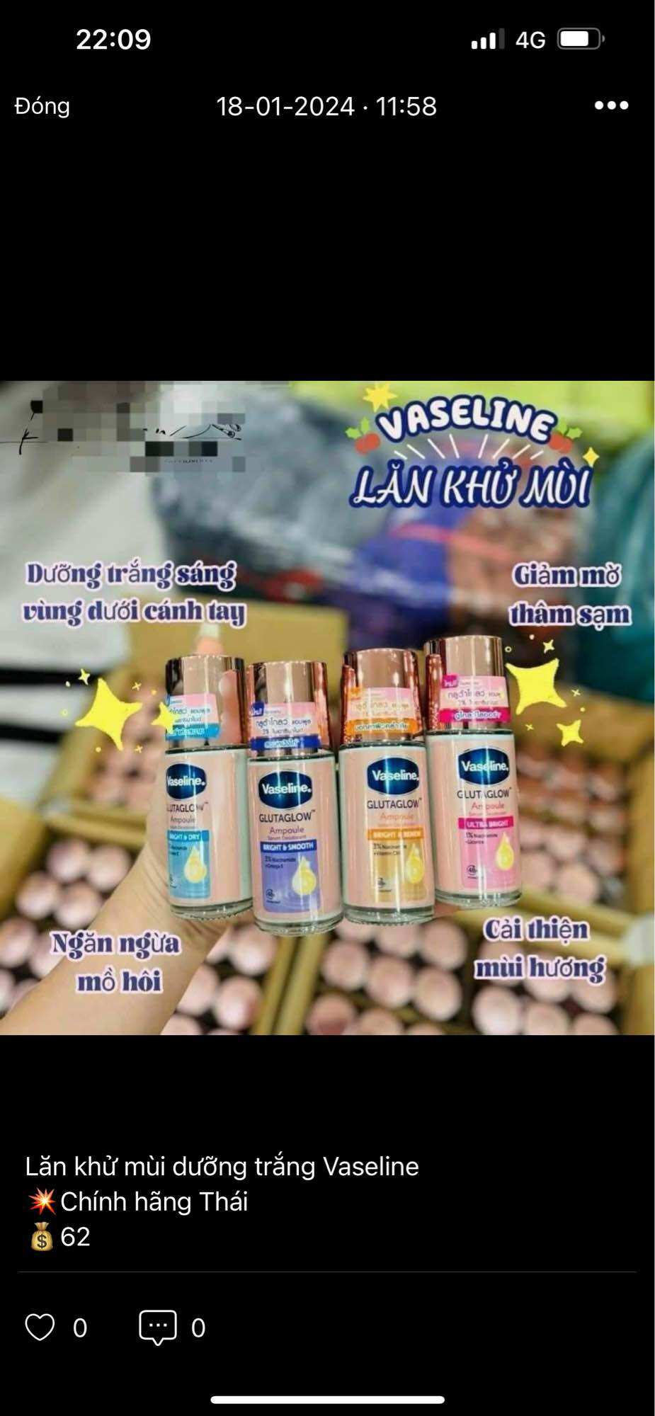 LĂN KHỬ MÙI VASELINE 45ml LÀM TRẮNG DƯỠNG DA THÁI LAN