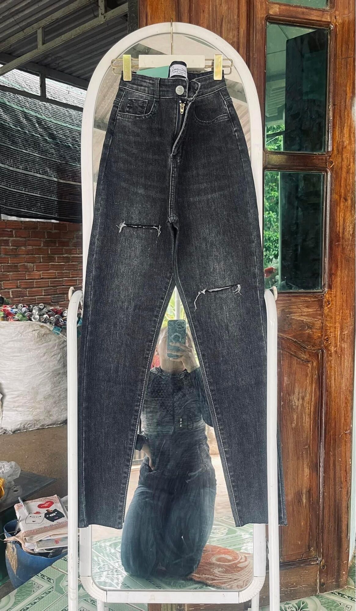 Jeans dài lưng cao co giãn rách PT
