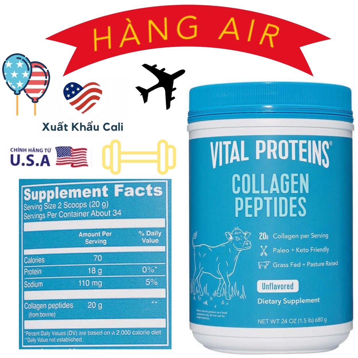 [HCM]Collagen Peptides hiệu Vital Proteins 680g nhập khẩu USA HSD 04 2026 thumbnail