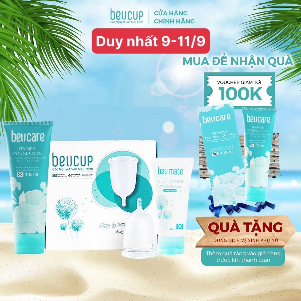 Combo 1 Cốc nguyệt san Silicone y tế Beu Cup+ 1 Dung dịch vệ sinh phụ nữ BeU Care 100ml + 1 Dung dịch vệ sinh cốc nguyệt san BeU Mate 50ml