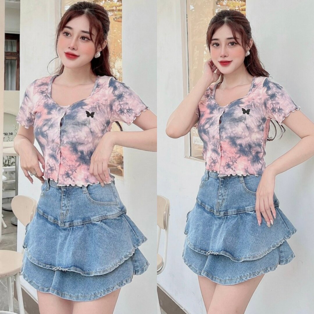 Áo Loang Màu Rút Dây 1 Bên Croptop