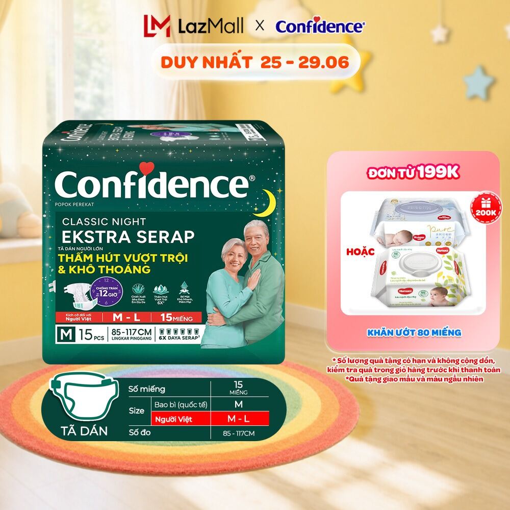 Tã dán ngưới lớn Confidence Thấm Hút Vượt Trội  Khô Thoáng M-L/ L-XL 15 miếng