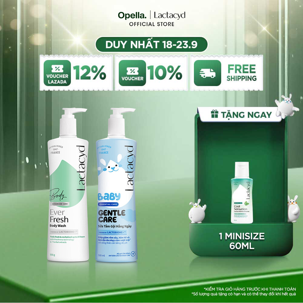 Bộ 1 Sữa tắm Lactacyd Ever Fresh mang lại làn da thơm mát và tràn đầy sức sống đến 24 giờ + 1 Sữa Tắm Gội Trẻ Em Lactacyd Baby Gentle Care Bảo Vệ Dịu Nhẹ Cho Làn Da Nhạy Cảm 500ml Cho Bé