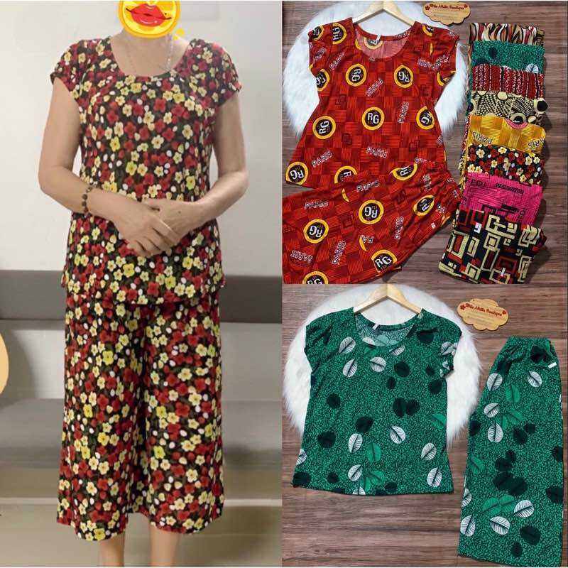 Đồ bộ trung niên thun gân tâm, đồ bộ mặc nhà quần lửng ống rộng  - K01