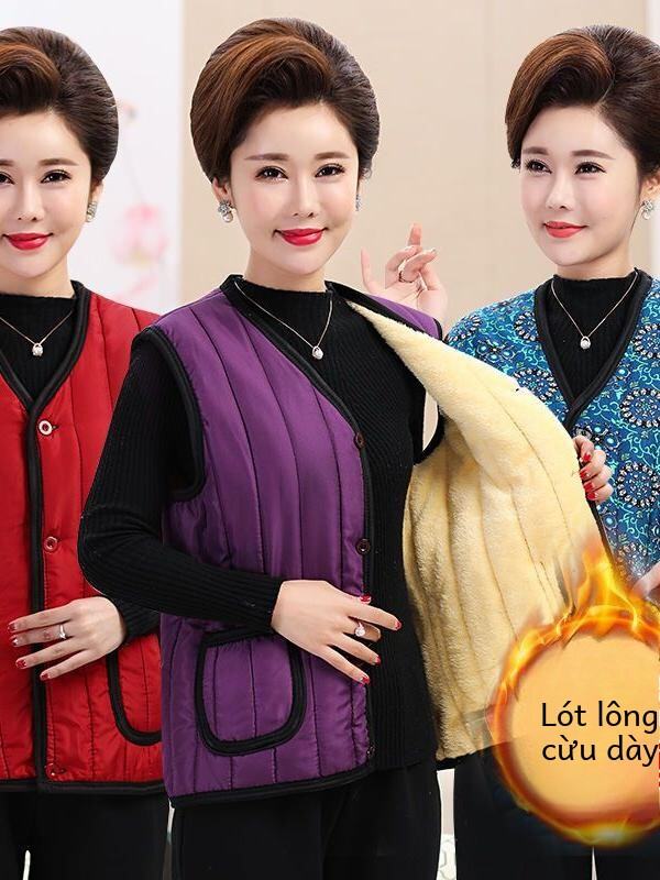 Áo Vest Lót Lông Cừu Dày Cho Bà Mẹ Lớn Tuổi Mùa Thu Đông Áo Vest Cotton Cổ Tròn Tay Dài Có Nút Cài Chất Liệu Polyester