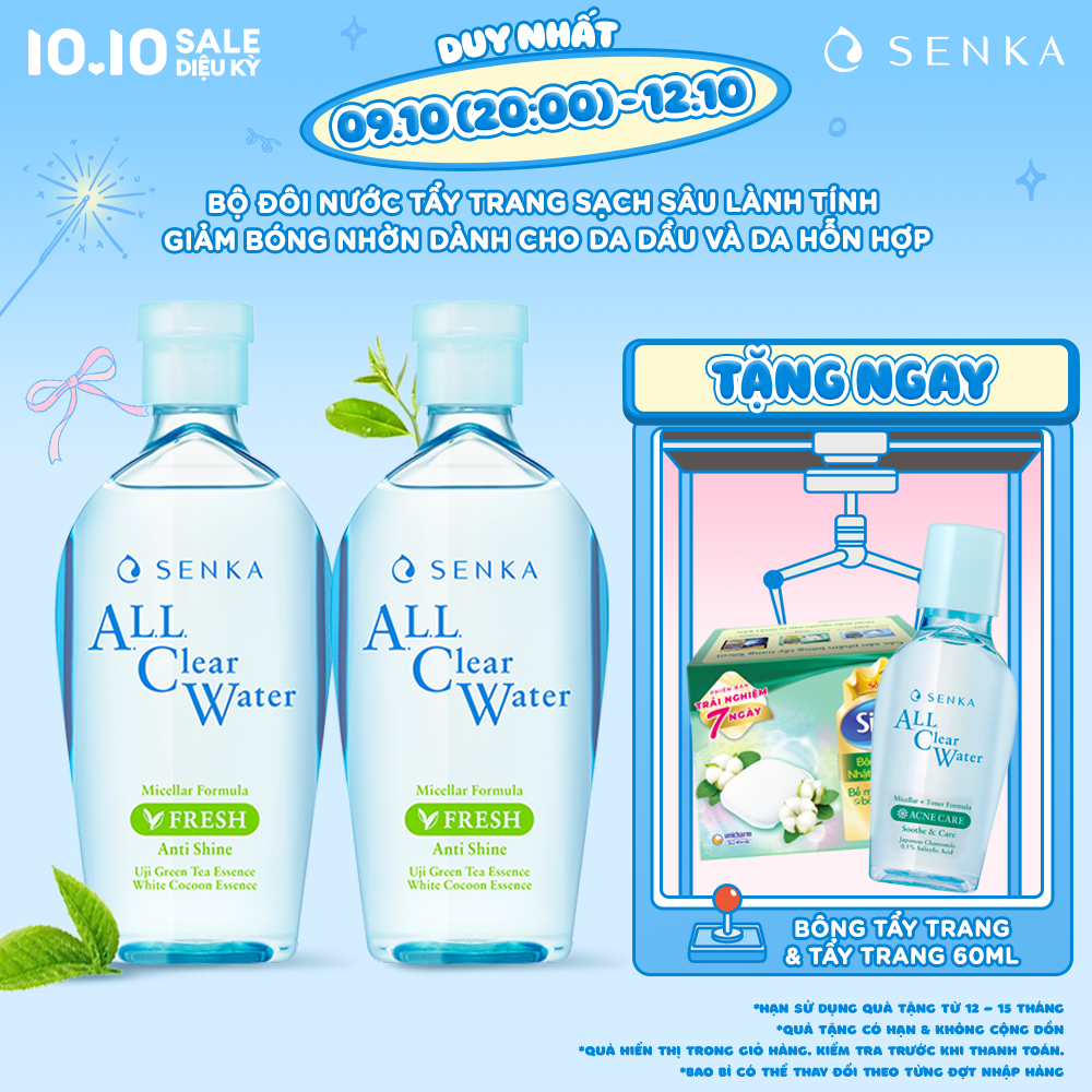 Bộ đôi Nước tẩy trang sạch sâu thoáng mịn giảm mụn, kiềm nhờn tươi mát với tinh chất trà xanh Uji tươi mát SENKA A.L.L CLEAR WATER FRESH 230MLx2