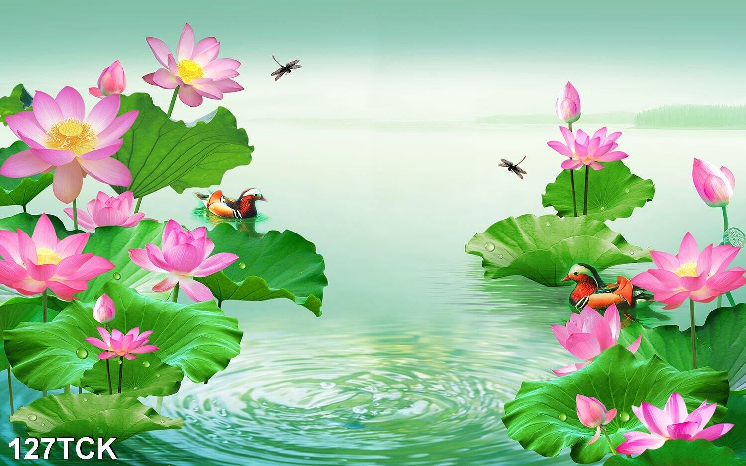 Tranh dán tường hoa sen 127tck - tranh hoa sen cá chép - tranh bàn thờ quan âm
