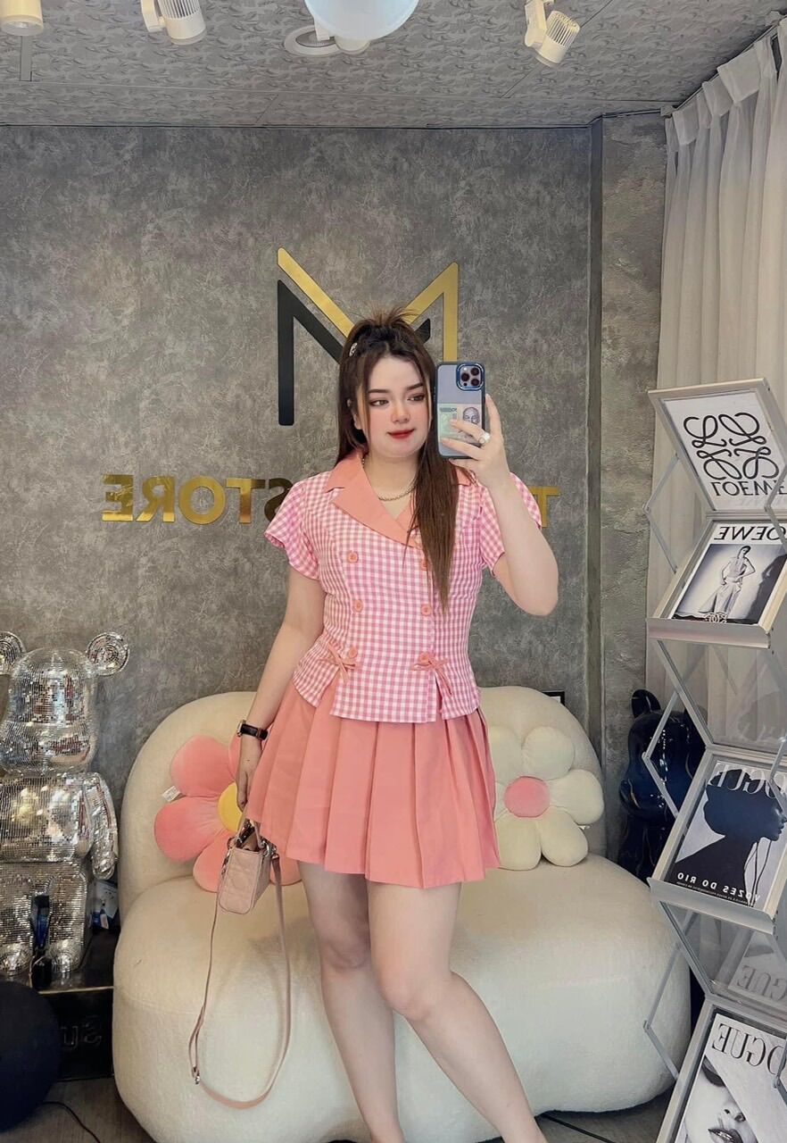 Set áo vest đính nơ + chân váy SV88