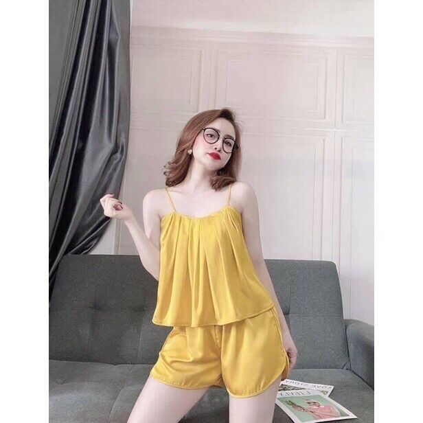 Đồ ngủ nữ, bộ 2 dây xếp ly ngực chất lụa satin