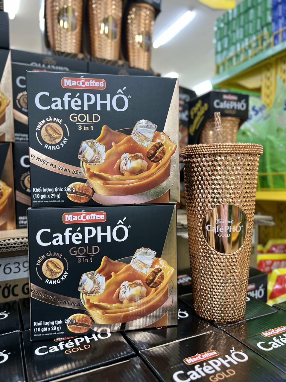 bộ 2 hộp cafe phố 290g kèm ly giữ nhiệt màu vàng gold - cafe phố tặng kèm ly giữ nhiệt