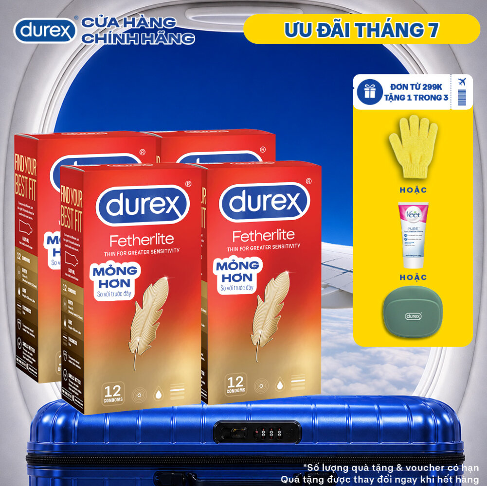 Bộ 4 Hộp Bao cao su Durex Fetherlite siêu mỏng, size 52.5mm, 12 bao/hộp