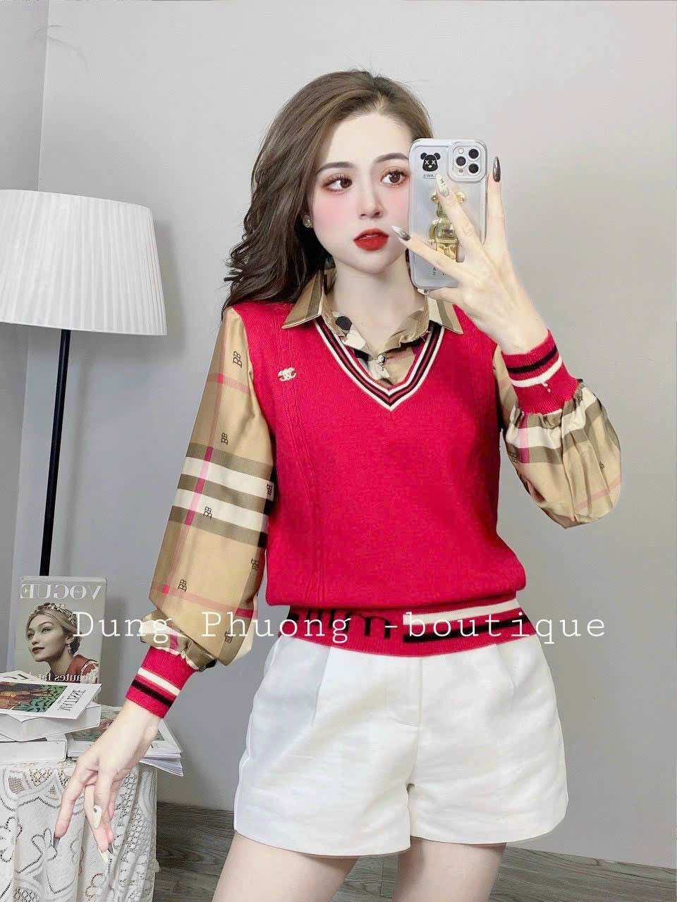 Áo Len Nữ Pha Cổ Sơ Mi Tay Lụa Phồng Ép Vân, Áo Nữ Thân Len Rile phối Tay Lụa