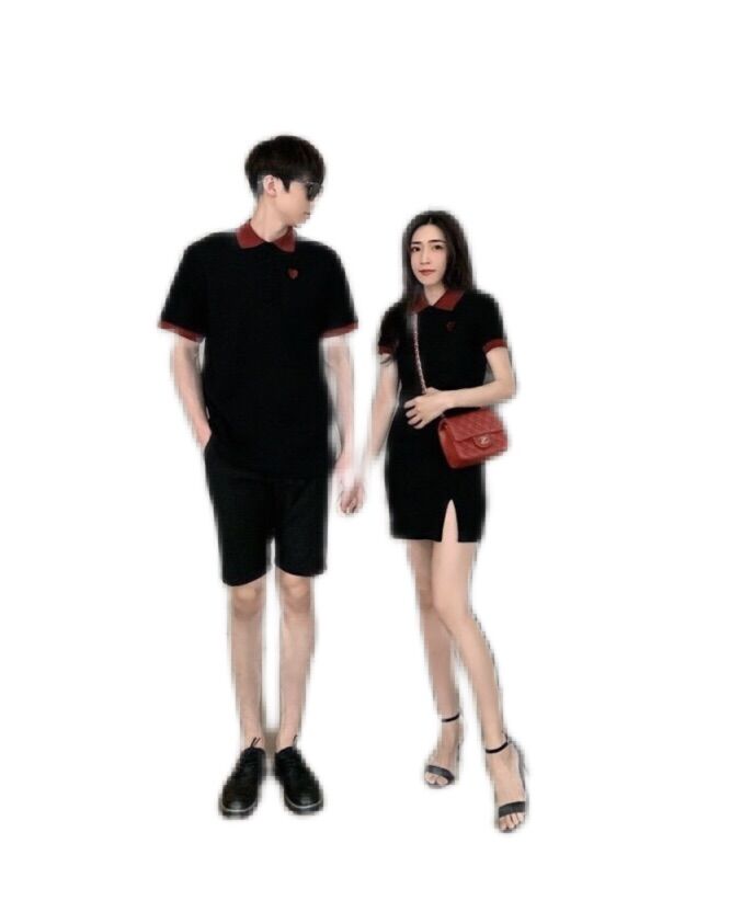 Áo váy thun đôi màu đen phối cổ đỏ, xẻ đùi (có big size)
