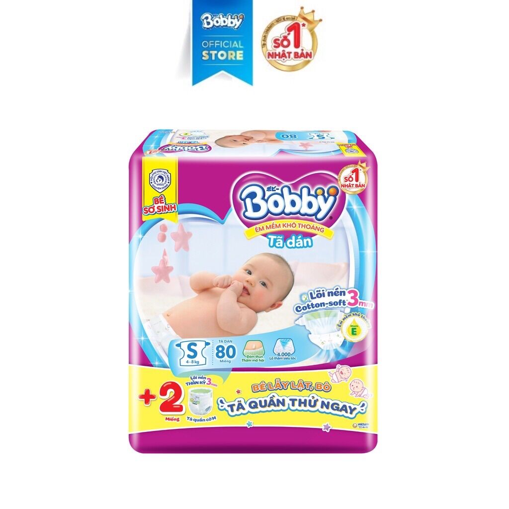 Tã Dán Bobby size S80 miếng - lõi nén thần kỳ 3mm
