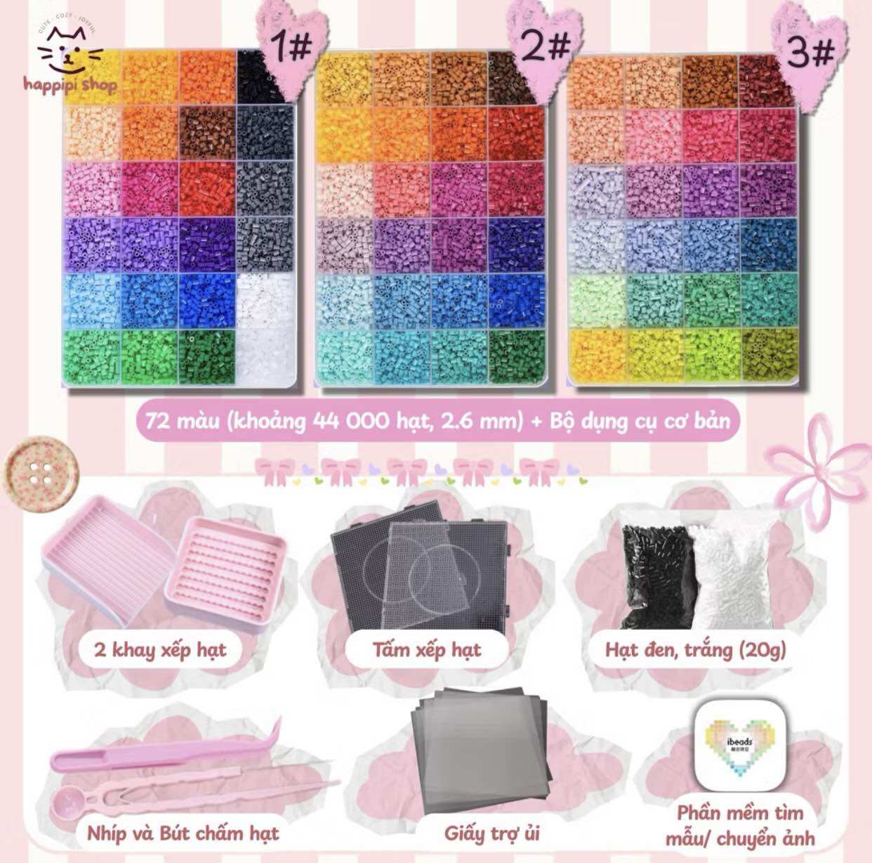 Bộ hạt ủi (16.000 hạt 2.6mm) - Hộp nhựa tấm xé hạt hạt đen trắng hộp nhựa giá đỡ phần mềm thiết kế