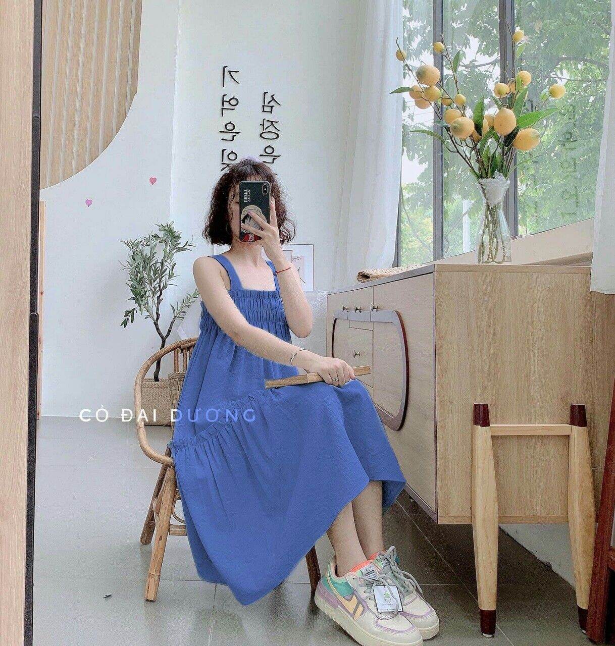 Váy hai dây đuôi cá xanh , đầm nữ dáng xòe