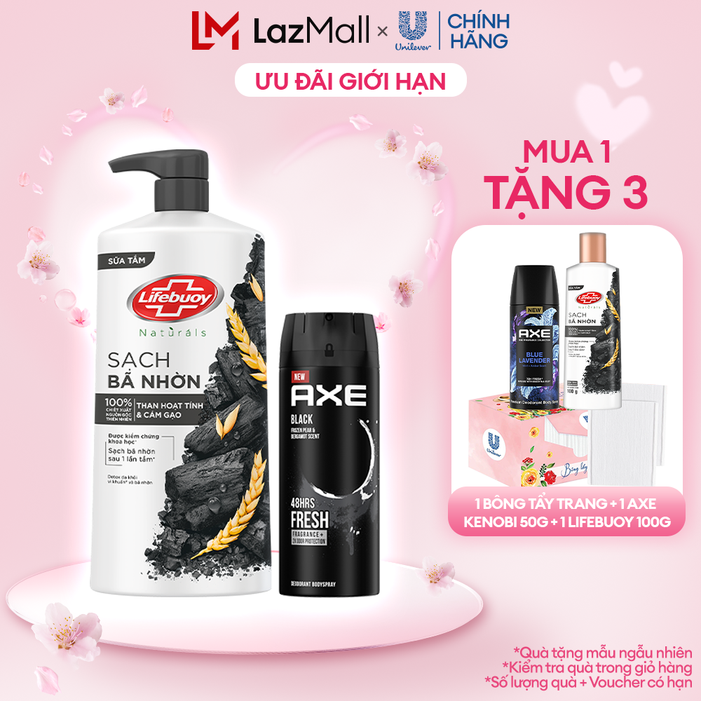 Combo Sữa tắm Lifebuoy Detox và Bảo vệ khỏi vi khuẩn chai 800gr và Xịt nước hoa nam toàn thân AXE 135ml
