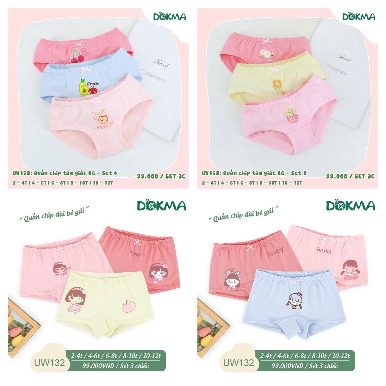 Set 3 quần chip đùi, chip tam giác bé gái Dokma