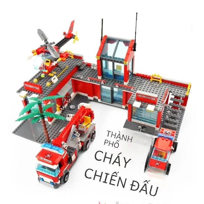 Bộ Khối Xây Dựng Trạm Cứu Hỏa City Series - Bao Gồm Xe Tải Trực Thăng Thuyền & Ô Tô - Đồ Chơi Gạch Lính Cứu Hỏa DIY Cho Trẻ Em Quà Tặng