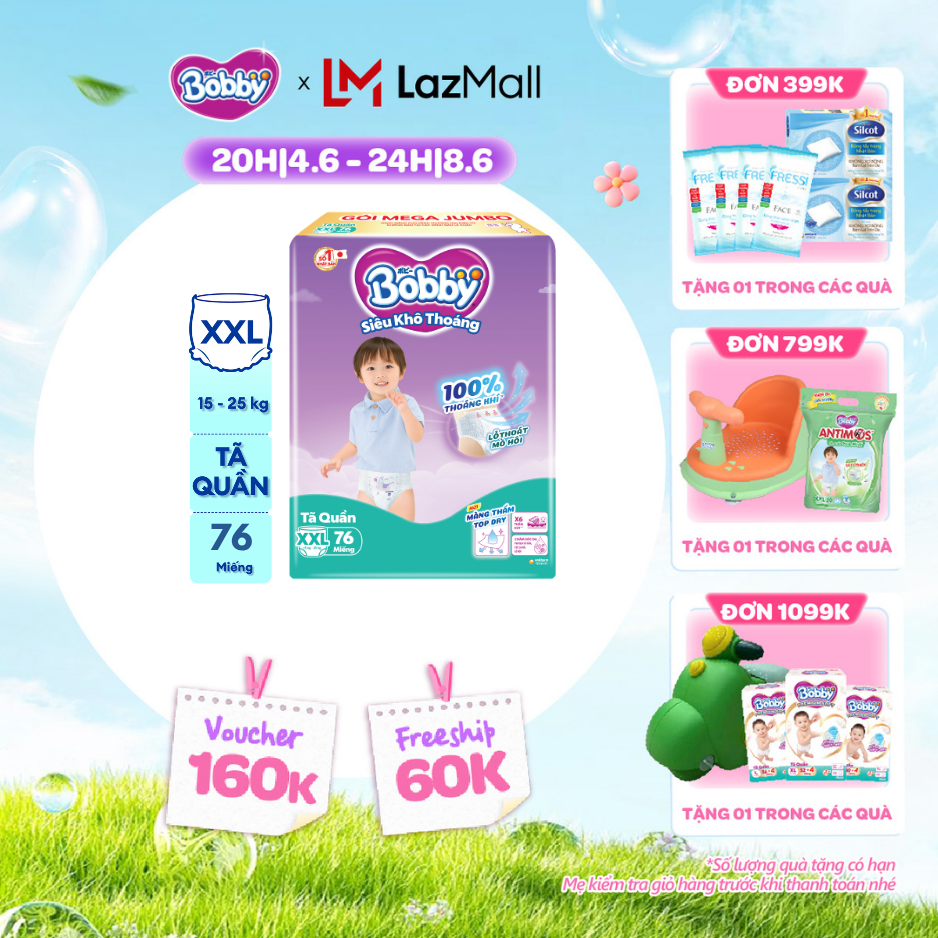 [QUÀ TẶNG HẤP DẪN TỪ 9-10.6]Tã/bỉm quần Bobby 3mm Mega Jumbo Siêu khô thoáng XXL76 [Bao bì thay đổi theo từng đợt nhập hàng]