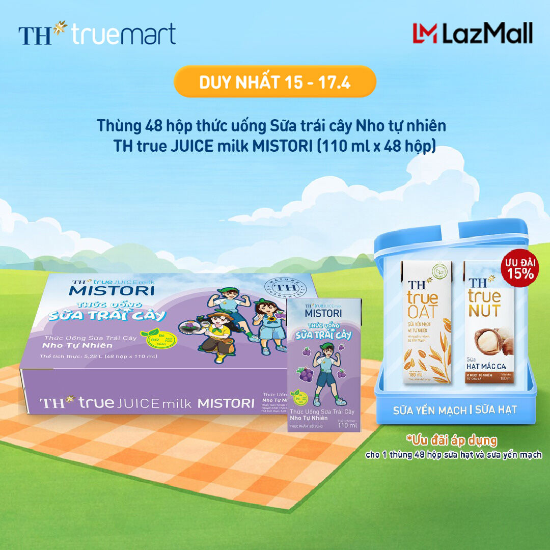 Thùng 48 hộp thức uống Sữa trái cây Nho tự nhiên TH true JUICE milk MISTORI 110ml x48 hộp