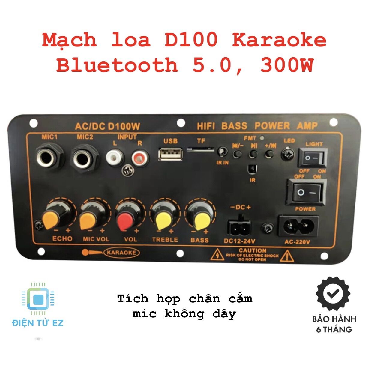 Mạch loa D100 hát Karaoke Bluetooth 5.0, công suất 300W, 12V/24V/220V (Tặng kèm đủ phụ kiện)