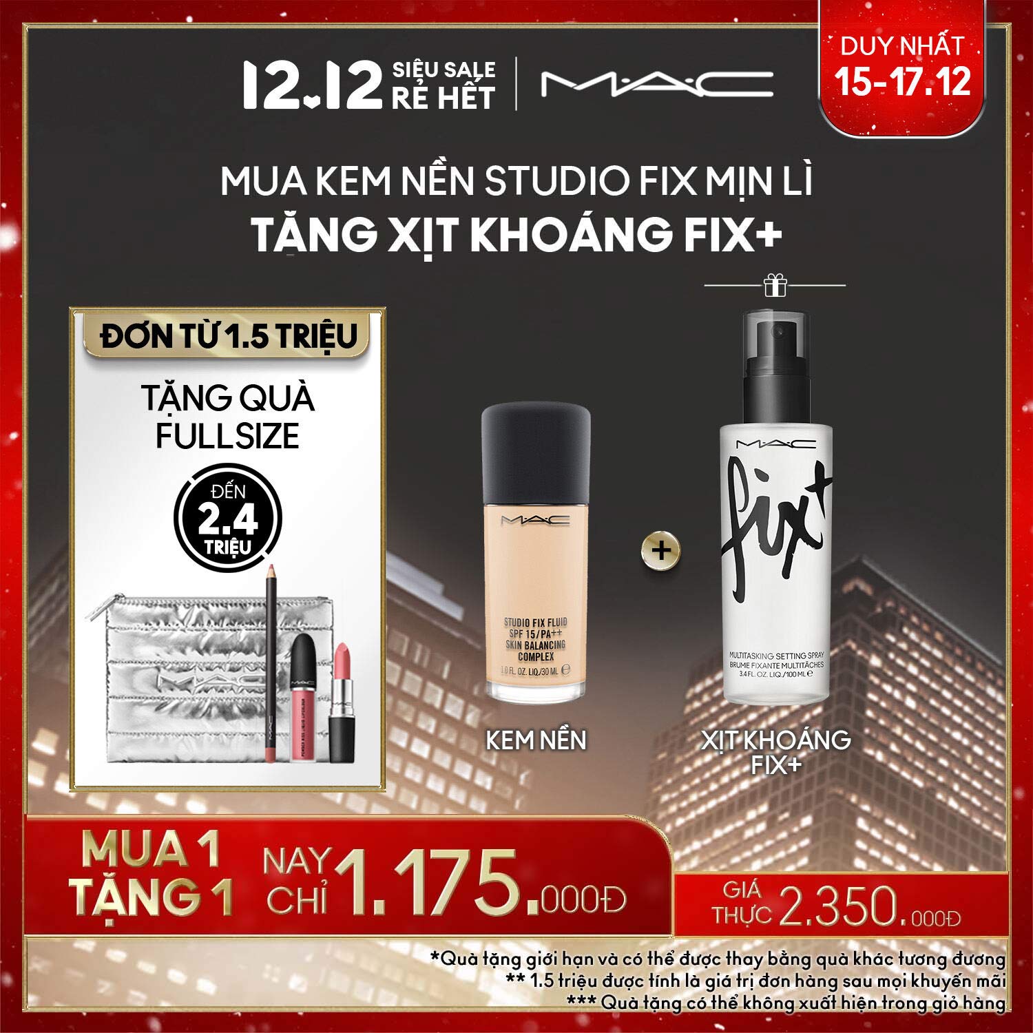 [ĐỘC QUYỀN 15-17.12] MAC - Bộ 2 món: Kem Nền MAC Studio Fix Fluid Foundation - 30ml, Xịt khoáng 100ml/ Kem nền lỏng dành cho da thường và da dầu - Sản phẩm bán chạy với hiệu ứng lì, che phủ cao, có chống nắng SPF và không gây mụn.