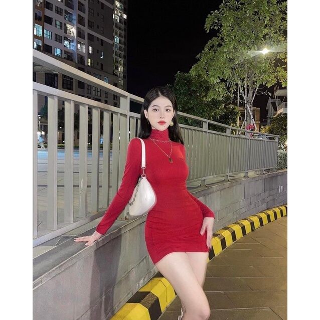 đầm body cổ cao tay dài chất thun gân