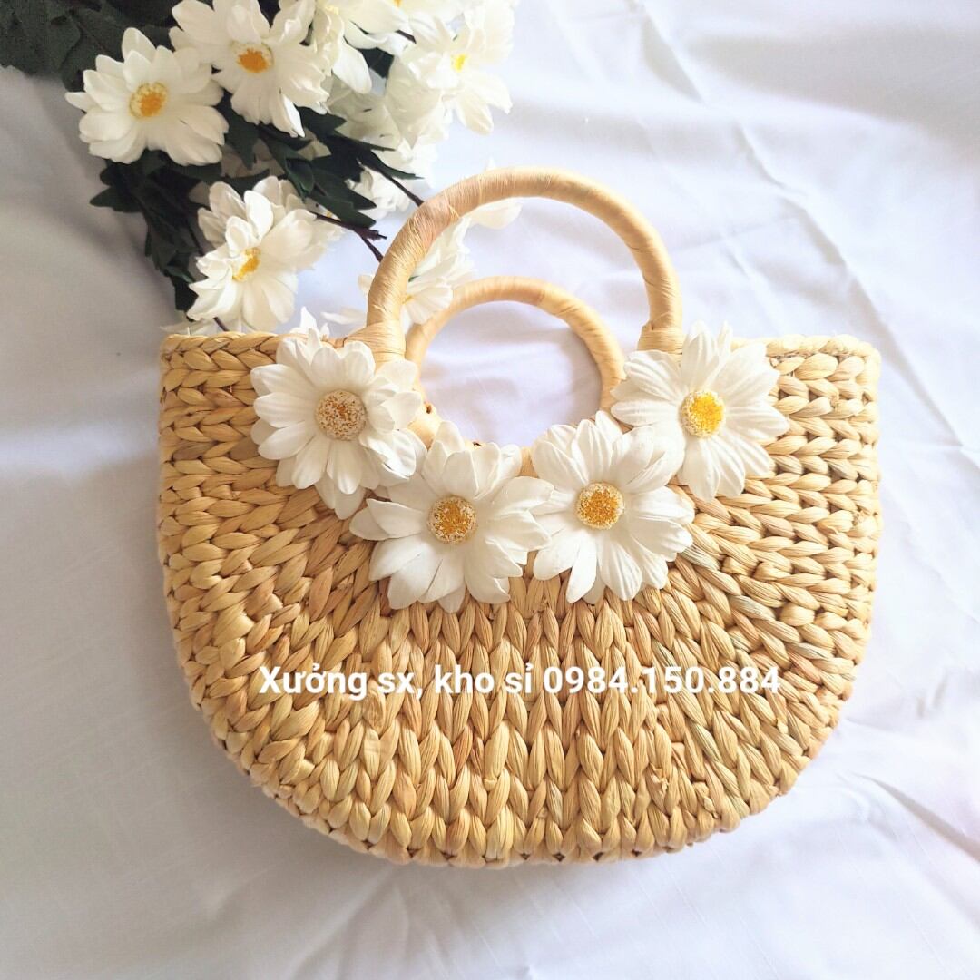 Túi bán nguyệt size 25 đính hoa cúc 3D cao cấp
