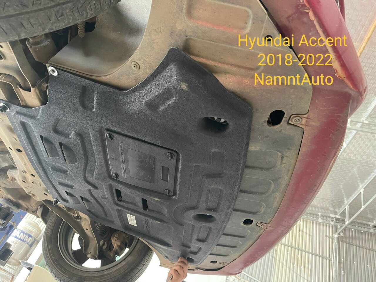 Chắn bùn gầm Hyundai Accent 2018-2024. Chất liệu nhựa Polymer Alloy Steel dày 5mm-Nhựa ABS dày 5mm-Thép chịu lực 3D dày 1,4mm