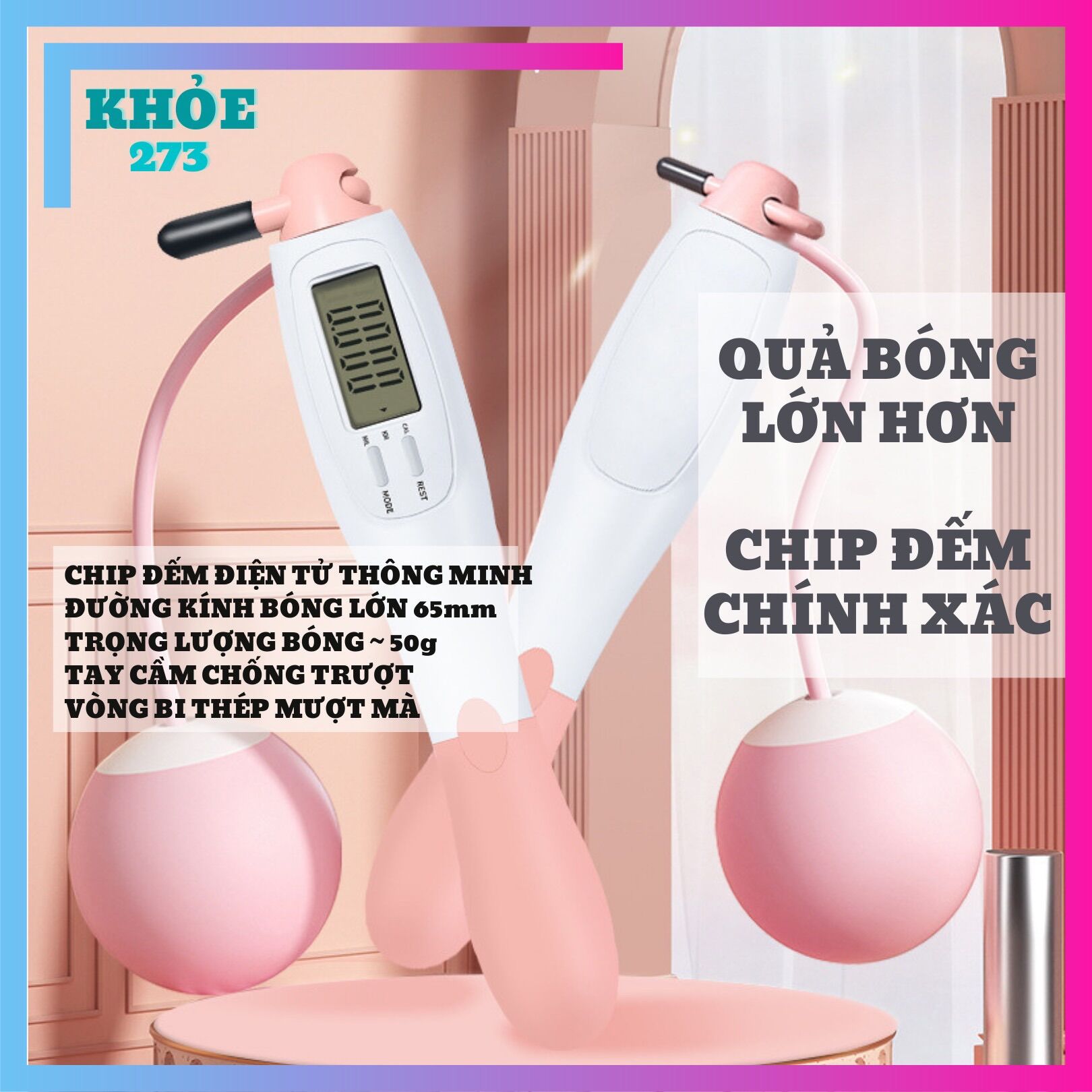 Dây nhảy không dây đếm số bóng lớn SHOP KHỎE 273 nâng cấp bộ đếm điện tử và bóng lớn 65mm