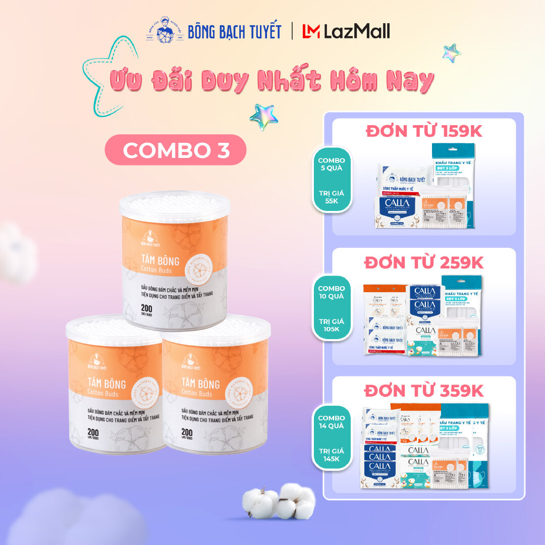 Combo 3 Hộp Tăm bông Bông Bạch Tuyết (200 que/hộp tròn)