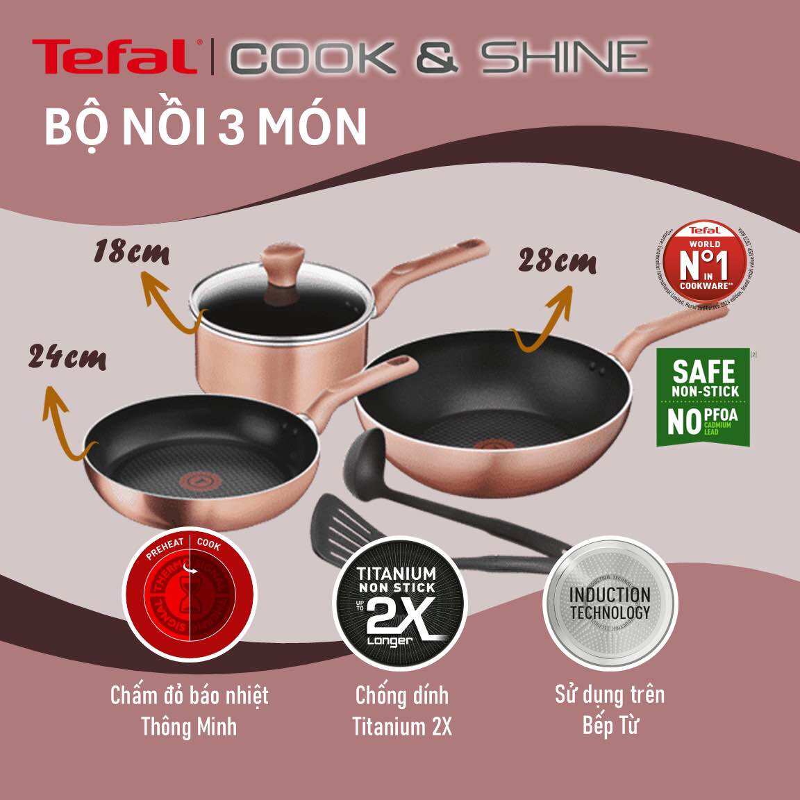Bộ nồi chảo tefal cook & shine quánh 18cm, chảo chiên 24cm, chảo xào 28cm