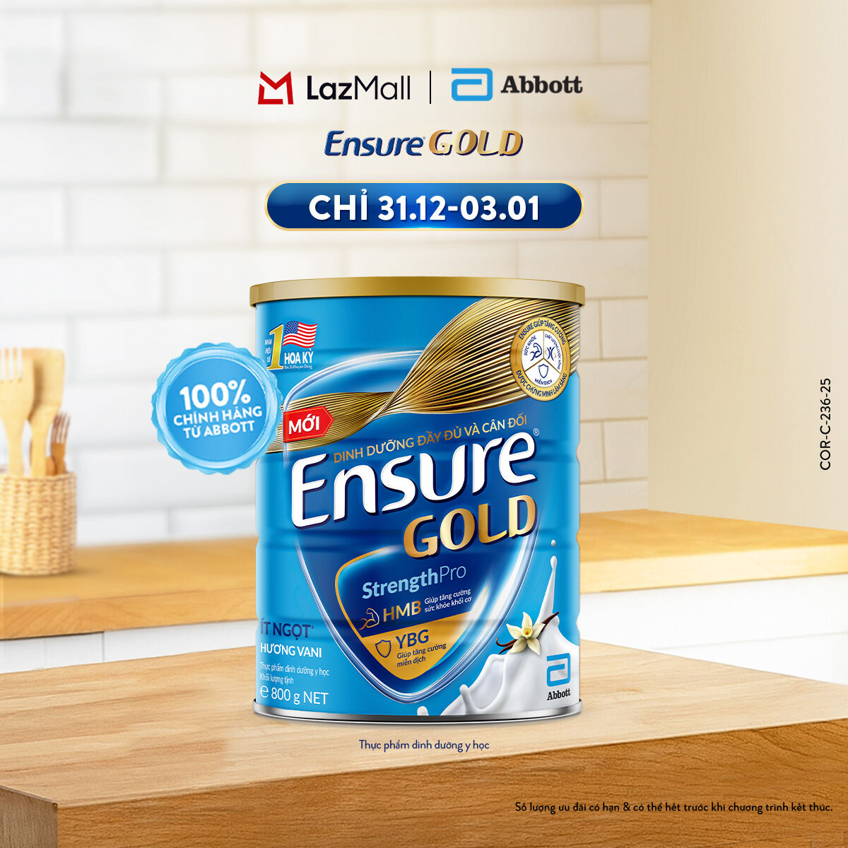 CHỈ 31.12-03.01 GIÁ TỐT MUA NGAY-SLCH Lon sữa bột Ensure Gold hương vani ít ngọt 800g