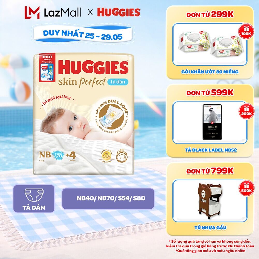 Tã/Bỉm Dán Sơ Sinh Huggies Skin Perfect NB/S/M với 2 Vùng Thấm Giảm Kích Ứng Da
