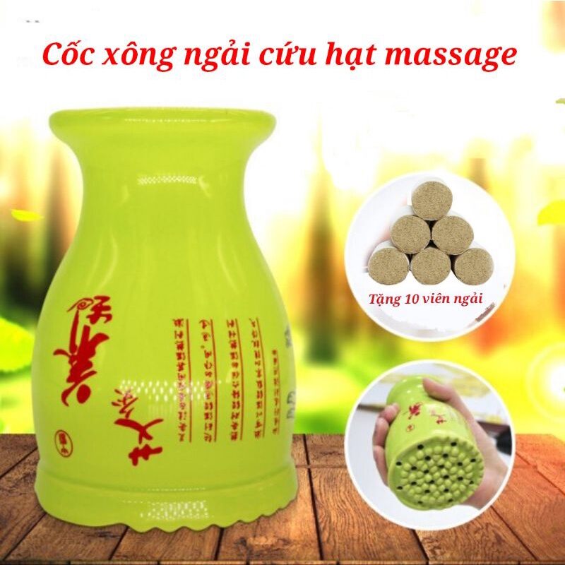 Cốc xông ngải cứu Phù Dương hạt massage , Cốc chườm ngải gốm cát tím giữ ấm năng lượng, tặng kèm 10 viên ngải đoạn giao ngẫu nhiên