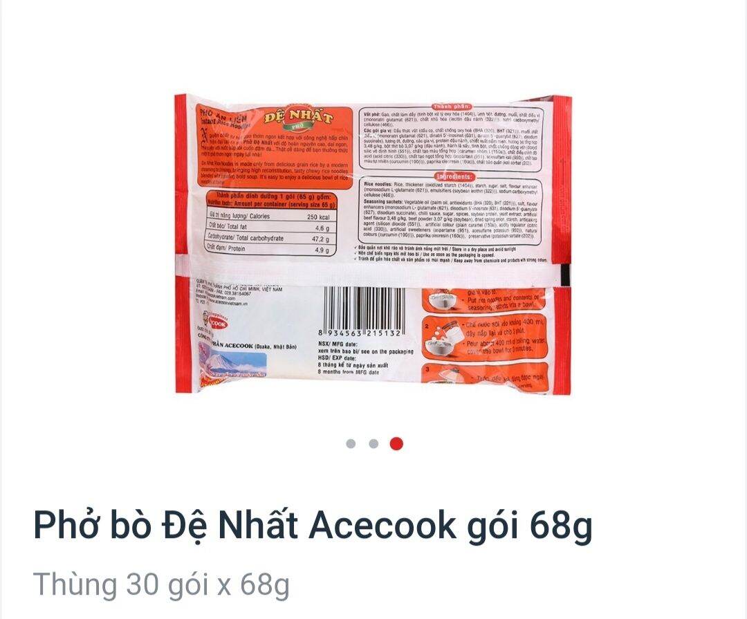Thùng phở bò Đệ Nhất 68g x 30 gói