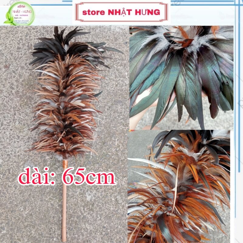 Chổi lông gà trống dài 65cm, lông gà thật quét không rụng lông bay bụi