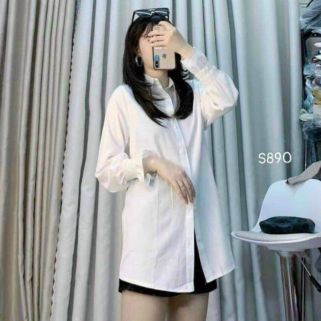 Áo sơ mi form dài tay giún phong cách Hàn Quốc