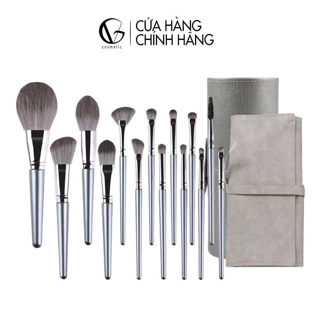 Bộ cọ trang điểm cá nhân GUVIET set 14 cây màu xám bạc có bao da hoặc ống cắm