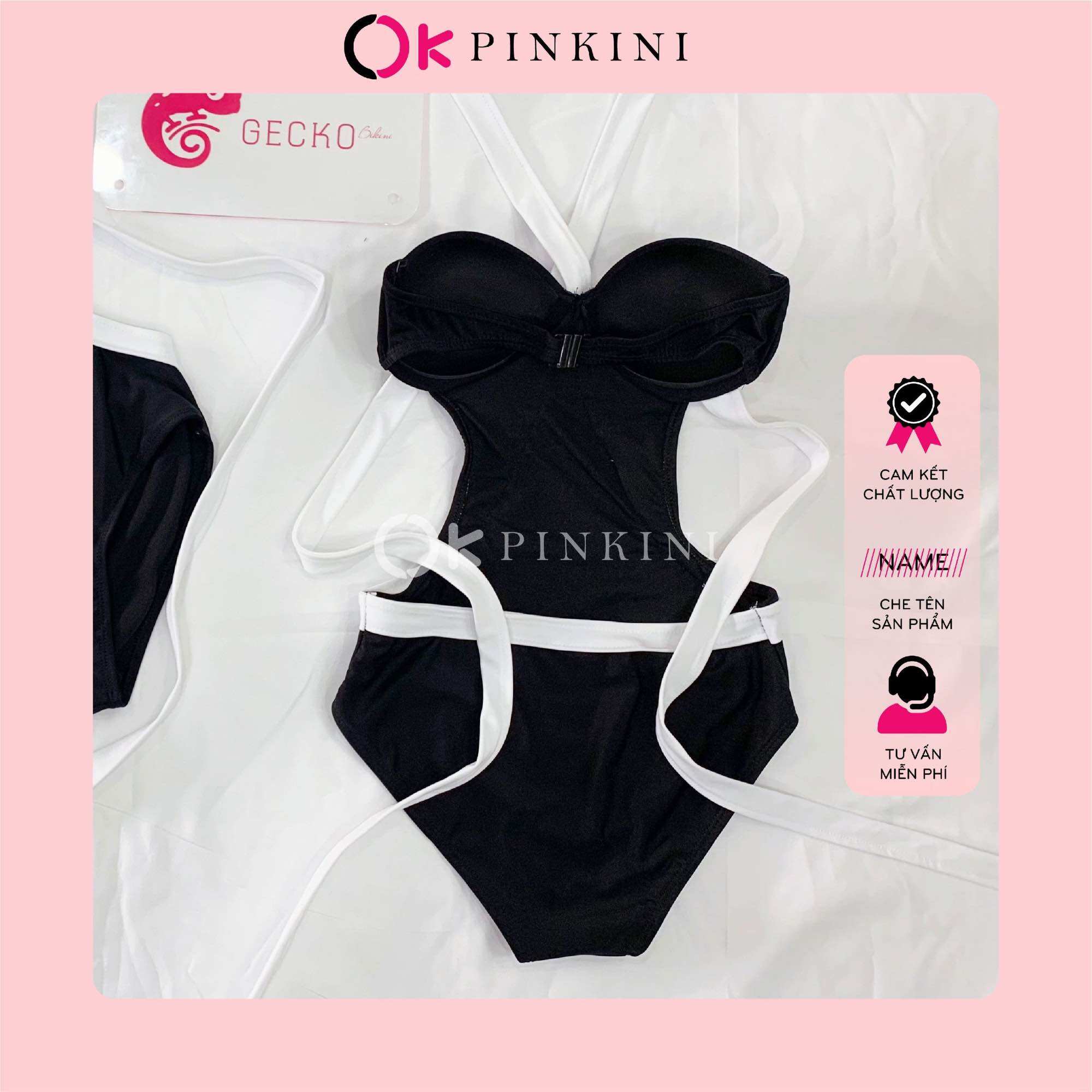 Bikini 1 Mảnh Áo Gọng Khoét Eo Viền Trắng (Ảnh Thật)